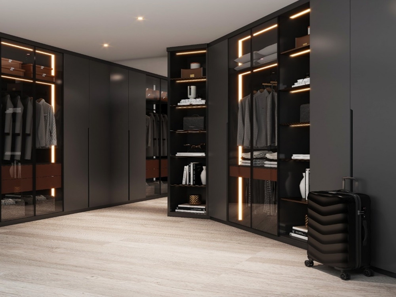 ការរចនាបែបប្រណិតស្រាល ស្រាលស្រទន់ Matte Black Lacquered Wooden Wardrobe with Built-in Light Strips