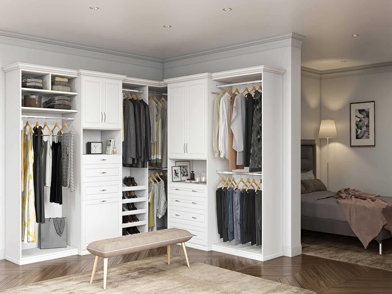 គុណភាពខ្ពស់ Shaker Style Corner Wardrobe White Lacquered Solid Wood Wardrobe