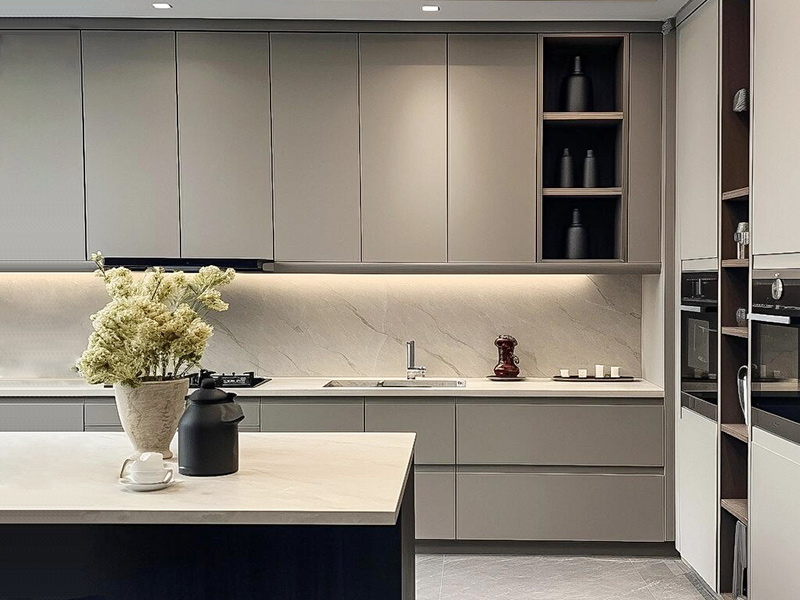 L Shaped Gray Kitchen Cabinet